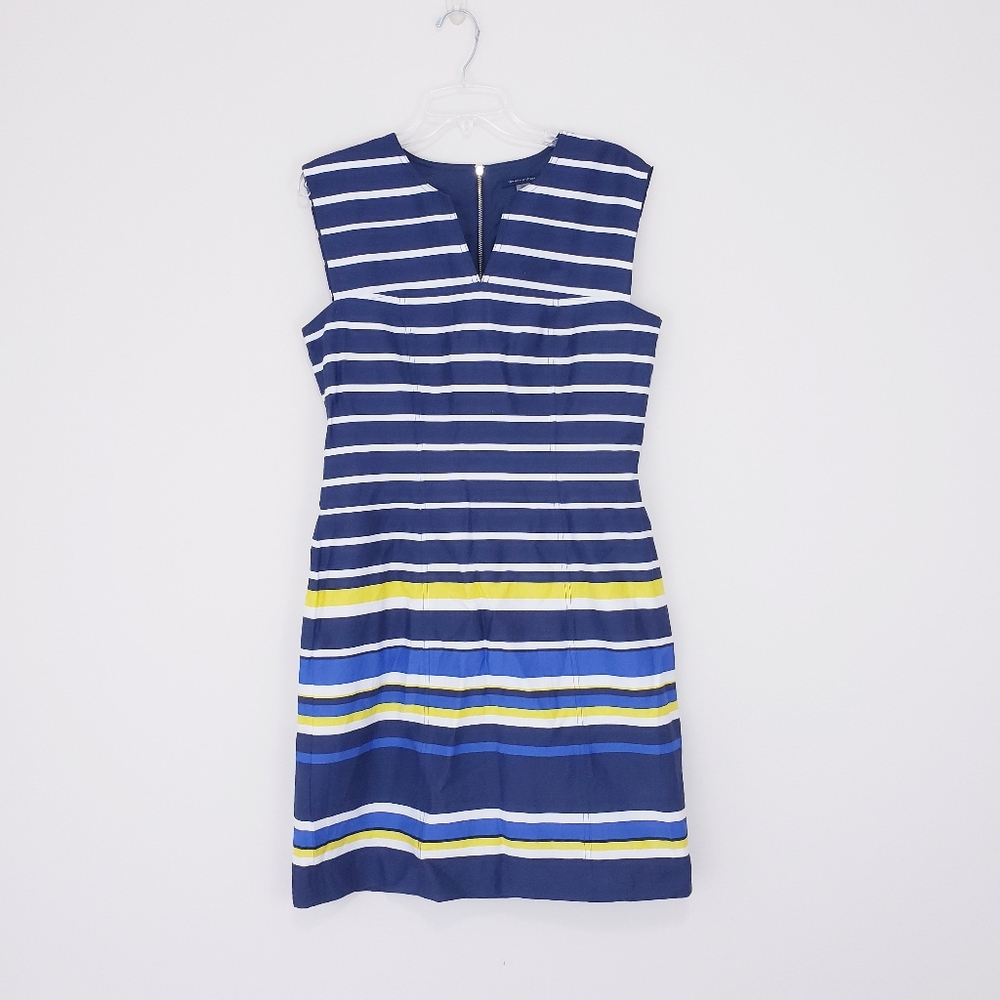 Tommy Hilfiger Navy Blue White Yellow Stripe Shift Dress Size 12 Sheath Dress
